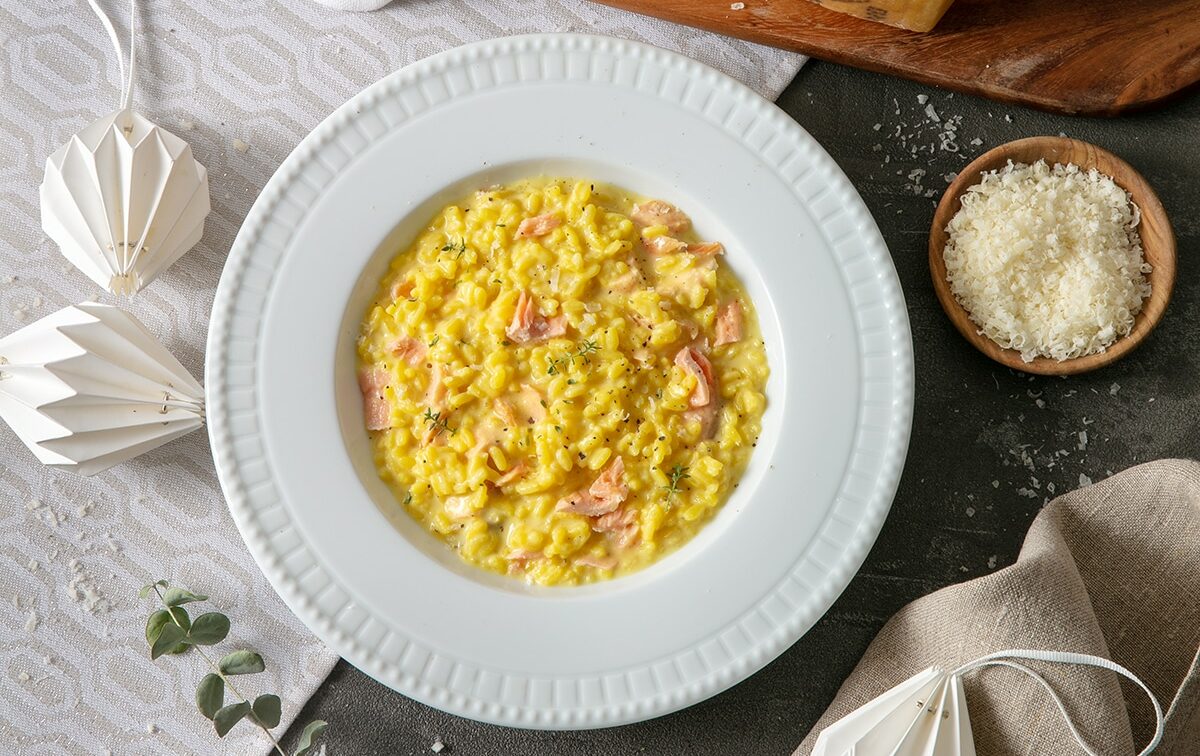 Risotto con salmone fresco, porro, timo limonato e Grana Padano Riserva